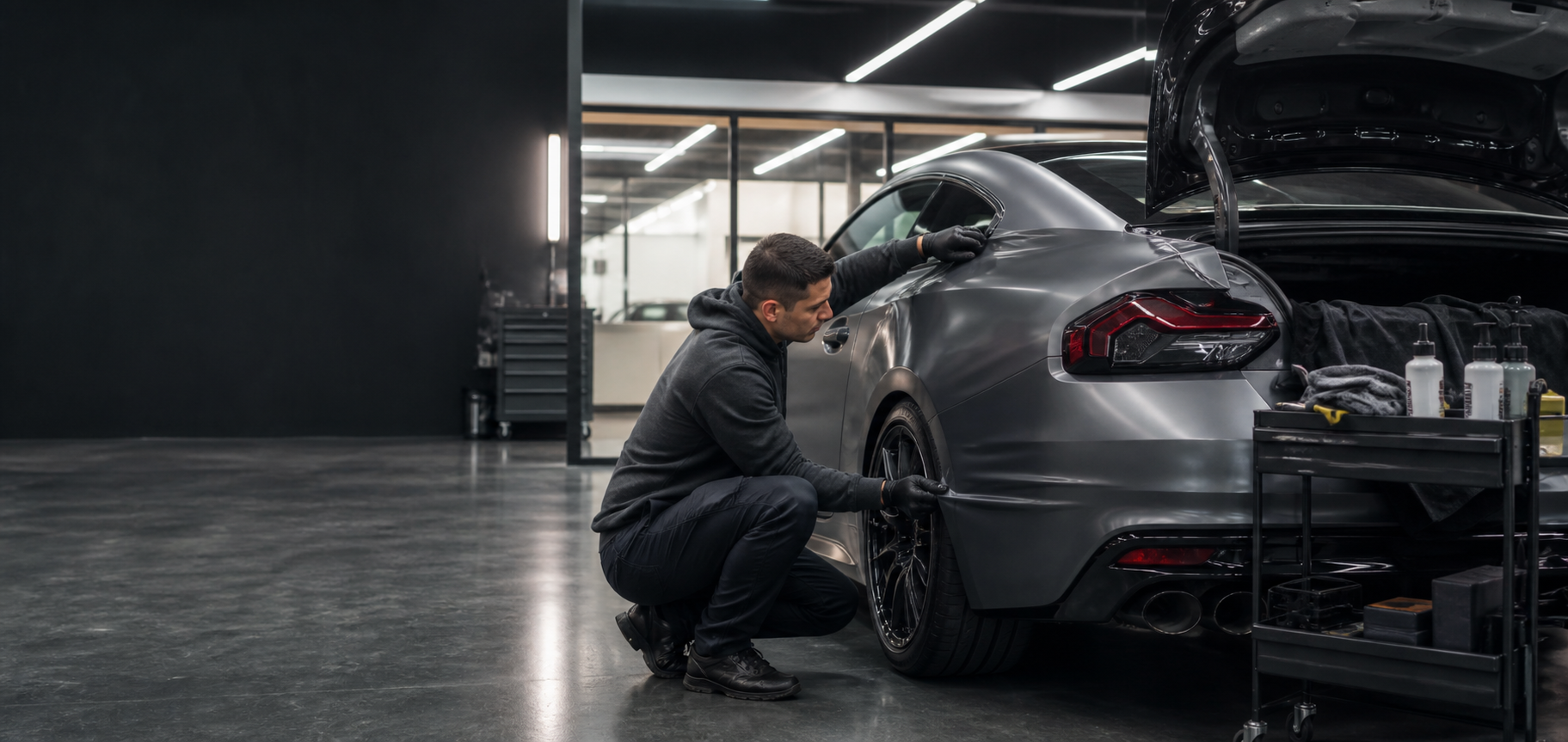 Automotive restyling specialist working on a vehicle
